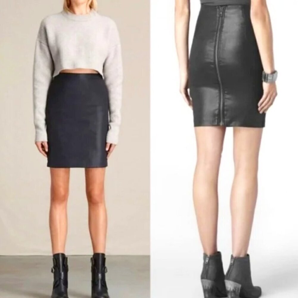 AllSaints Black Coated Zipper Back Black Pencil Skirt Size 2 Fitted 1692